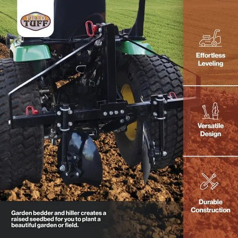 4 FT disc harrow garden tiller with 14” notched discs – black steel frame
Pull-behind disc tiller with 3-point hitch connection – 43-inch width
Field Tuff disc harrow tiller attachment for Category 1 tractors
Close-up of notched disc blades and angled shaft for deep tilling