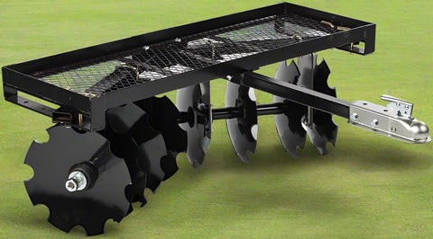 4 FT disc harrow with 8 notched discs – ATV and lawn tractor attachment
Pull-behind disc harrow implement with adjustable disc gangs
ATV towing black disc tiller through field for food plot preparation