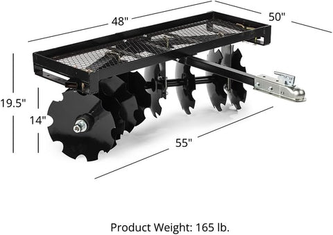 4 FT disc harrow with 8 notched discs – ATV and lawn tractor attachment
Pull-behind disc harrow implement with adjustable disc gangs
ATV towing black disc tiller through field for food plot preparation
