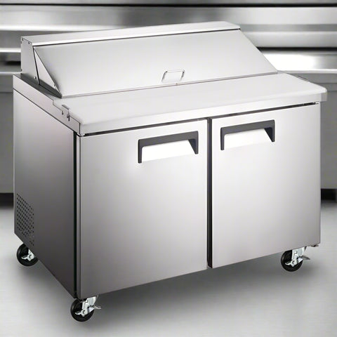 4ft stainless steel salad sandwich prep table with cutting board
Commercial prep table with refrigerated storage
Open sandwich station showing interior shelves and pans