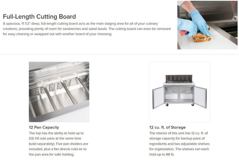 4ft stainless steel salad sandwich prep table with cutting board
Commercial prep table with refrigerated storage
Open sandwich station showing interior shelves and pans