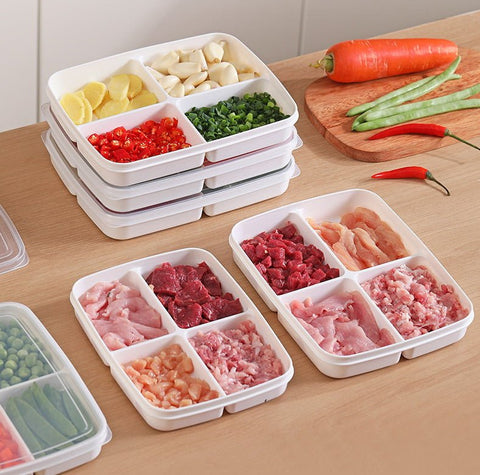 "4-piece stackable food storage containers with compartments"
"Freezer-safe meal prep containers with lids"
"Plastic rectangular containers for snacks and meals"