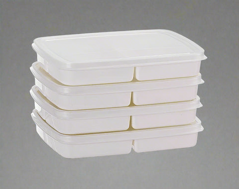 "4-piece stackable food storage containers with compartments"
"Freezer-safe meal prep containers with lids"
"Plastic rectangular containers for snacks and meals"