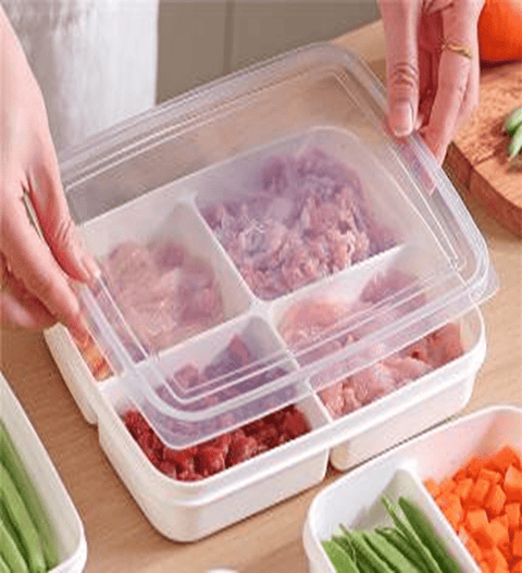 "4-piece stackable food storage containers with compartments"
"Freezer-safe meal prep containers with lids"
"Plastic rectangular containers for snacks and meals"
