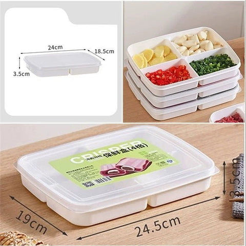 "4-piece stackable food storage containers with compartments"
"Freezer-safe meal prep containers with lids"
"Plastic rectangular containers for snacks and meals"