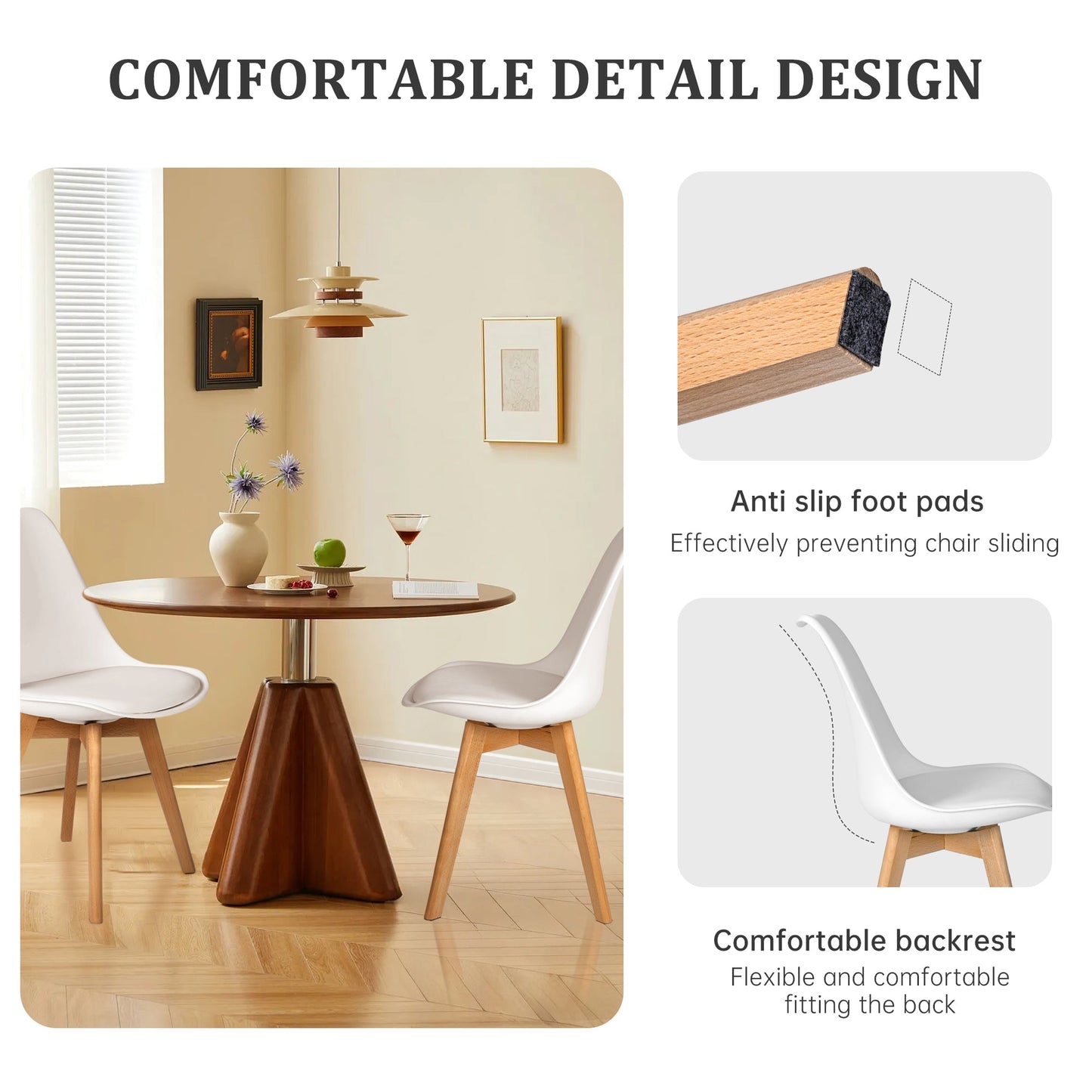 4-Piece White Dining Chair Set – Matte Plastic with Wooden Legs
Modern Kitchen Chairs – Side Angle View
Easy Assembly Dining Chairs with Beech Wood Legs
White Chairs Used in Dining Room Decor
Minimalist Dining Chairs Set for Office or Home