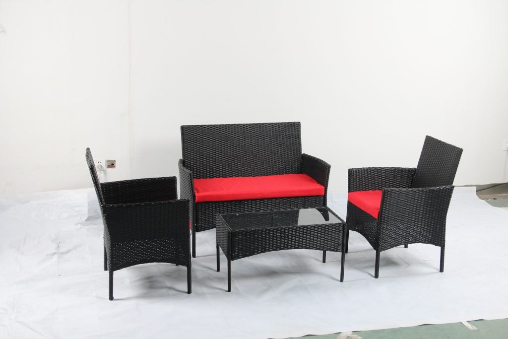 4 PCS Outdoor PE Rattan Furniture Set ��� Black Patio Sofa Chairs with Cushions and Glass Coffee