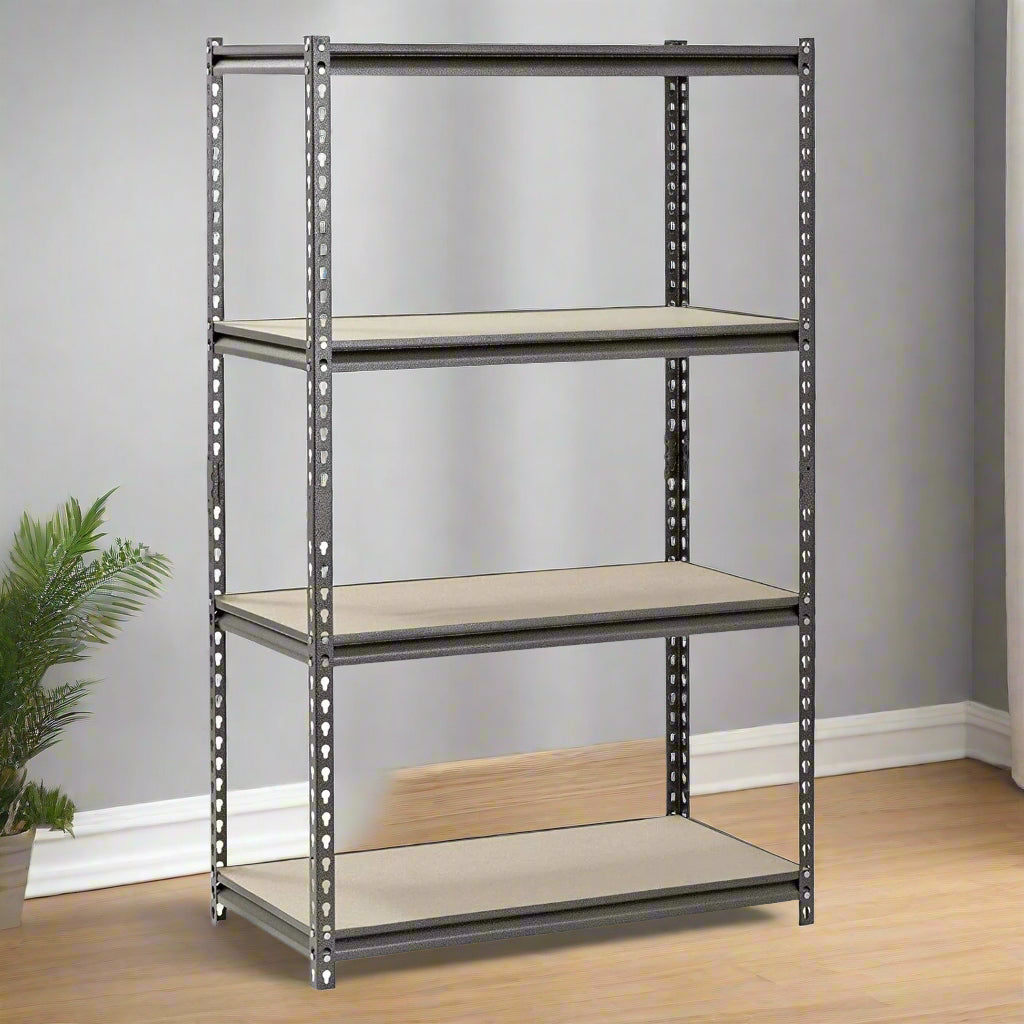 4-tier black boltless metal shelving rack with adjustable shelves – heavy-duty storage unit