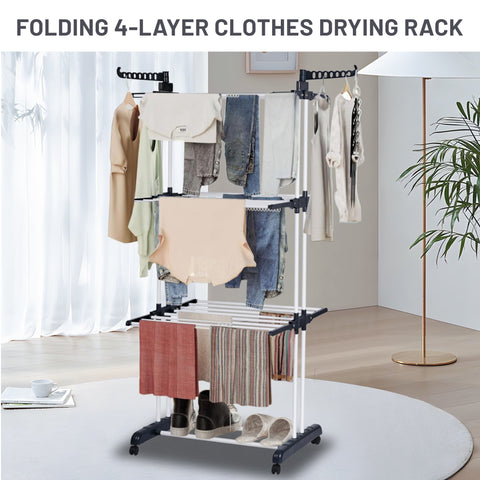4-Tier Stainless Steel Drying Rack – Full View
Foldable Clothes Drying Rack with Caster Wheels
Drying Rack Collapsed for Storage
Clothes Hanging on Multi-Tier Drying Rack
Side View of Portable Laundry Drying Rack in Use