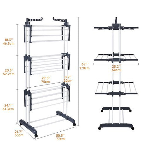 4-Tier Stainless Steel Drying Rack – Full View
Foldable Clothes Drying Rack with Caster Wheels
Drying Rack Collapsed for Storage
Clothes Hanging on Multi-Tier Drying Rack
Side View of Portable Laundry Drying Rack in Use