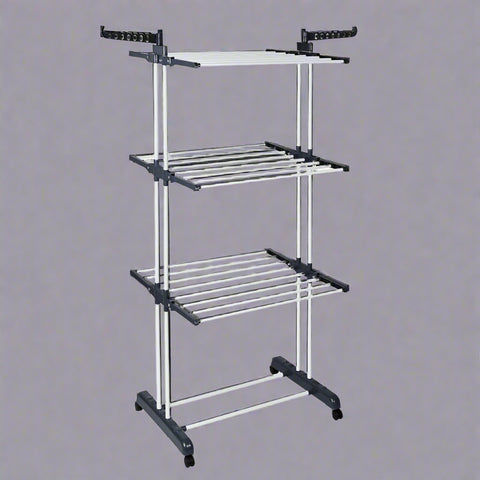 4-Tier Stainless Steel Drying Rack – Full View
Foldable Clothes Drying Rack with Caster Wheels
Drying Rack Collapsed for Storage
Clothes Hanging on Multi-Tier Drying Rack
Side View of Portable Laundry Drying Rack in Use