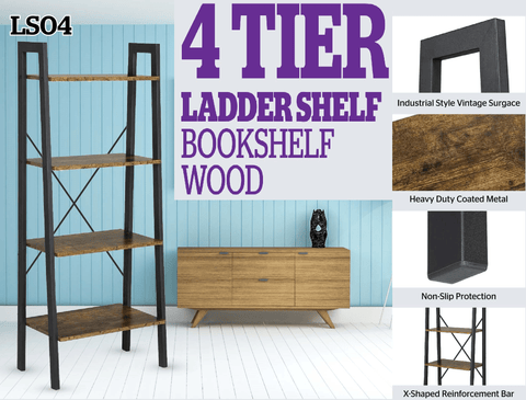 "Rustic 4-tier ladder bookshelf with wood shelves and double cabinet storage – Model LS04"