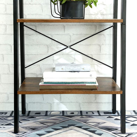"Rustic 4-tier ladder bookshelf with wood shelves and double cabinet storage – Model LS04"
