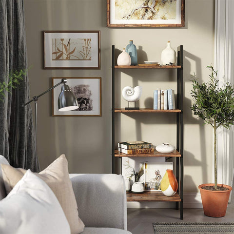 "Rustic 4-tier ladder bookshelf with wood shelves and double cabinet storage – Model LS04"