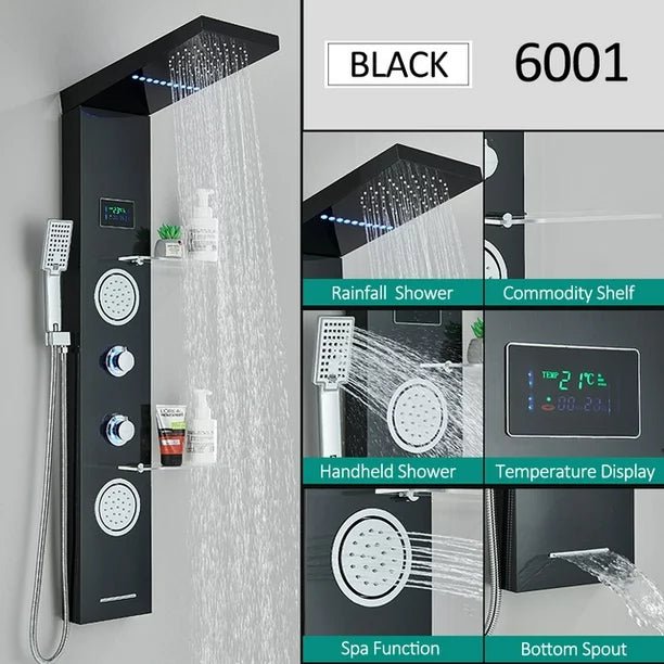 New 4 - Way Stainless Steel LED Jet Rainfall Massage Shower – Luxury Bathroom Shower Head - with Black Finish Stainless Steel Jet Rainfall Massage Shower | Sold by Uncle Wiener's Wholesale