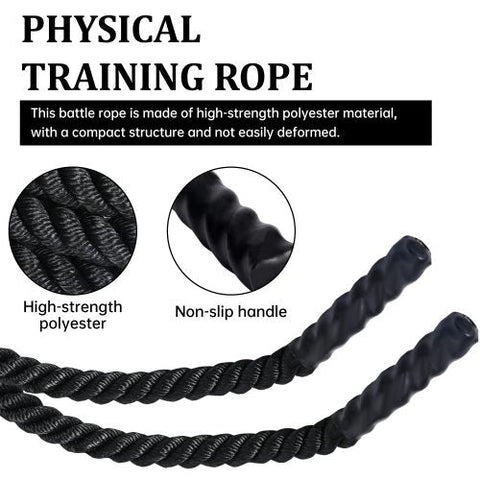 40 FT Black Heavy-Duty Battle Rope Coiled
Close-up of Textured Handle and Grip
Removable Nylon Protective Sleeve
Rope in Use – Cardio Training Session
Athlete Performing Rope Waves – Full-Body Workout
Strength Rope for CrossFit Conditioning