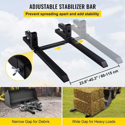 43-inch clamp-on pallet forks with stabilizer bar installed on tractor
Skid steer pallet forks loading hay bales
Adjustable clamp pallet forks for farm and industrial use
Tractor bucket pallet fork attachment with 4,000 lb capacity
Clamp-on pallet forks close-up showing tension screws and bracket