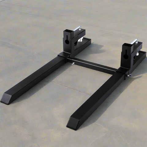 43-inch clamp-on pallet forks with stabilizer bar installed on tractor
Skid steer pallet forks loading hay bales
Adjustable clamp pallet forks for farm and industrial use
Tractor bucket pallet fork attachment with 4,000 lb capacity
Clamp-on pallet forks close-up showing tension screws and bracket