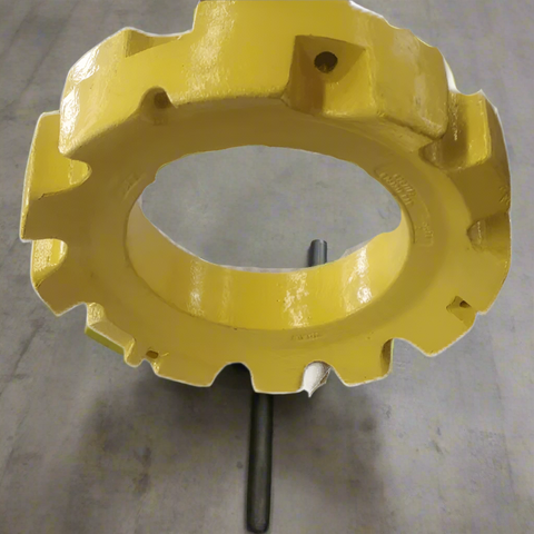 450 lb yellow stacking wheel weight for John Deere
Rear view showing the bolt pattern of the John Deere wheel weight
Side profile of the cast iron stacking weight
Painted yellow OEM-style weight for tractors