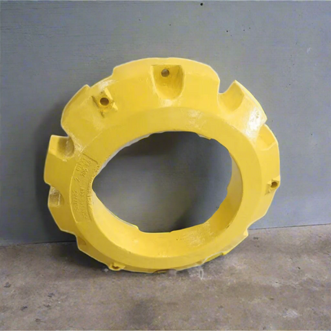 450 lb yellow stacking wheel weight for John Deere
Rear view showing the bolt pattern of the John Deere wheel weight
Side profile of the cast iron stacking weight
Painted yellow OEM-style weight for tractors
