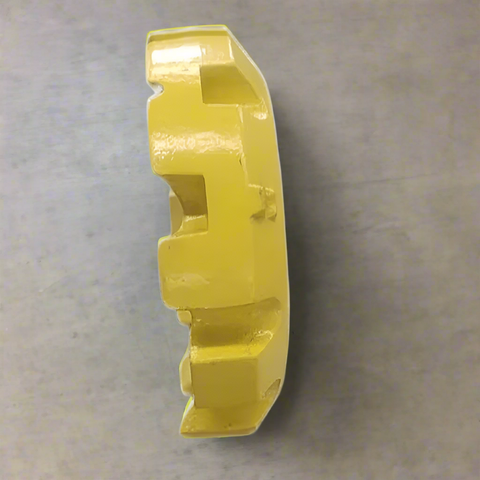 450 lb yellow stacking wheel weight for John Deere
Rear view showing the bolt pattern of the John Deere wheel weight
Side profile of the cast iron stacking weight
Painted yellow OEM-style weight for tractors