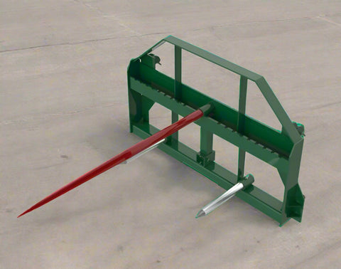 Heavy-duty green hay frame with bale spear for John Deere loader
John Deere-compatible bale spear attachment with headache rack
4500 LB hay spear frame with Conus 2 spear and fork slots