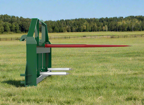 Heavy-duty green hay frame with bale spear for John Deere loader
John Deere-compatible bale spear attachment with headache rack
4500 LB hay spear frame with Conus 2 spear and fork slots