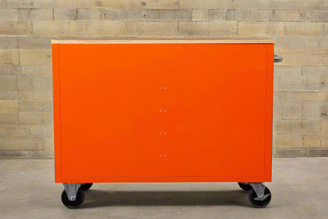 46-inch heavy-duty tool workbench with drawers
Mobile storage cabinet with wood top and wheels
Rolling tool bench in orange and black
Garage workbench with 9 locking drawers