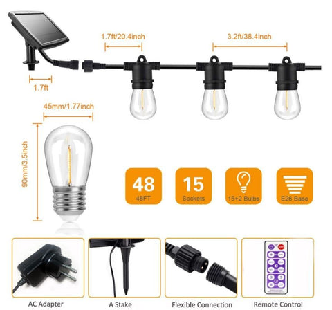 NEW 48 FT SOLAR LED STRING LIGHT 15 BULB WEDDING EDISON BULB 4815S14 - with | Sold by Uncle Wiener's Wholesale