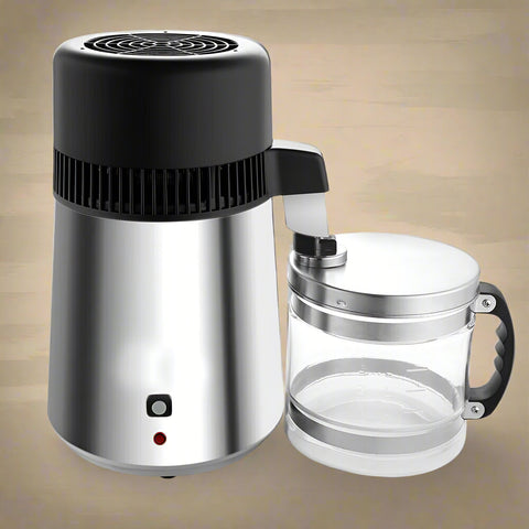 “4L Stainless Steel Water Distiller with Glass Jug”
“Home Countertop Distiller for Drinking Water”
“Interior Heating Coil and Stainless Tank Close-up”
“Activated Carbon Filter and Removable Lid”
“Complete 4L Water Purification System Set”