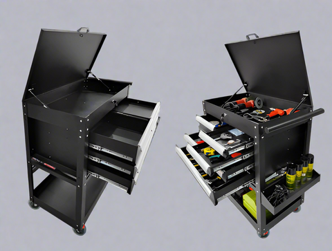 Tool cart open with wrench and screwdriver set inside drawer organizers