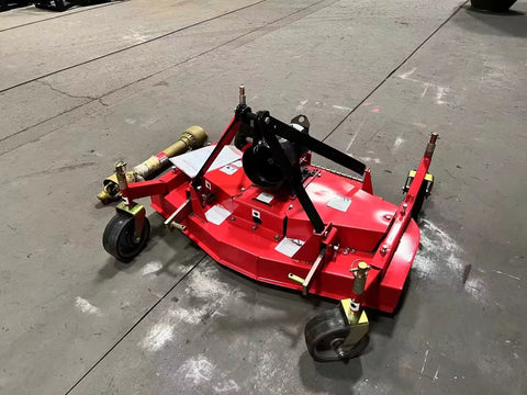Red PTO tractor finishing mower with 3-point hitch – 6 FT model
Side view of 5 FT PTO finishing mower for tractors
Top-down view showing heavy-duty mower deck and blades