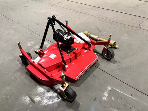 Red PTO tractor finishing mower with 3-point hitch – 6 FT model
Side view of 5 FT PTO finishing mower for tractors
Top-down view showing heavy-duty mower deck and blades