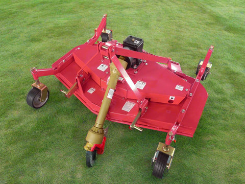 Red PTO tractor finishing mower with 3-point hitch – 6 FT model
Side view of 5 FT PTO finishing mower for tractors
Top-down view showing heavy-duty mower deck and blades