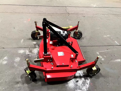 Red PTO tractor finishing mower with 3-point hitch – 6 FT model
Side view of 5 FT PTO finishing mower for tractors
Top-down view showing heavy-duty mower deck and blades