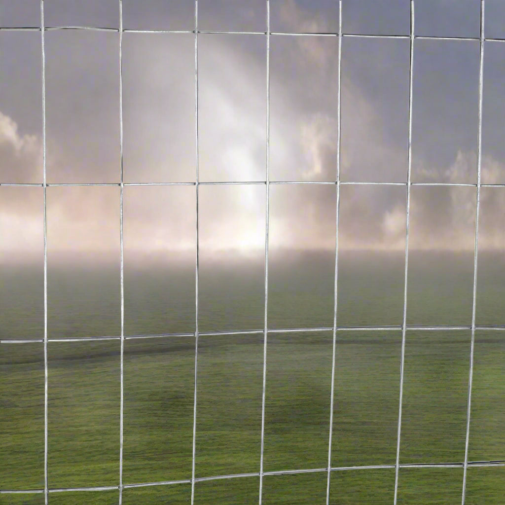 Wide shot of the 5 ft x 100 ft welded wire roll standing vertically
Close-up of 2x4 mesh pattern
Wire mesh showing galvanized finish detail
Fence installed along a garden perimeter