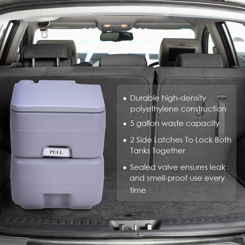 “5-gallon portable camping toilet with detachable tank”
“Gray and purple travel toilet for indoor and outdoor use”
“Compact portable toilet setup with flush handle and waste container”
“20L outdoor toilet with carry handle for RV and camping”
“Leak-proof portable toilet with sealing valve for odor control”