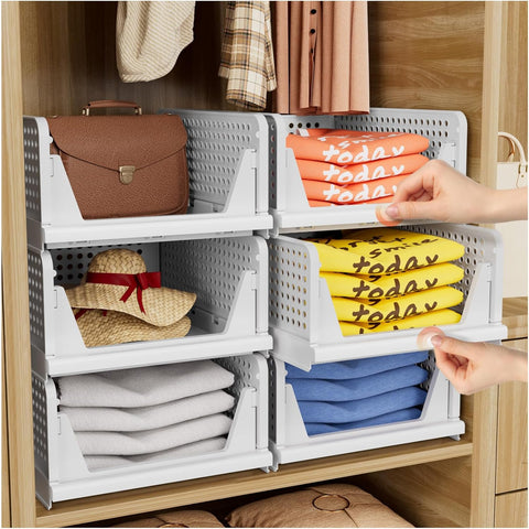 stackable folding closet storage bins 5 pack white
Closet organizer bins are used for clothing and shoes
foldable storage drawer stacked in a bedroom closet
white stackable plastic bins for home organization
Closet setup using folding stackable storage organizers
