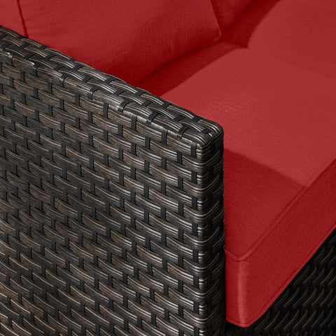 New 5 - Piece Dark Wicker Outdoor Patio Furniture Set with Chili Cushions | SKU: 111639 - with | Sold by Uncle Wiener's Wholesale