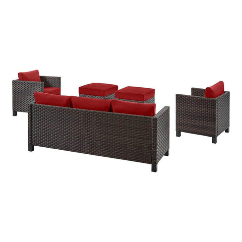 New 5 - Piece Dark Wicker Outdoor Patio Furniture Set with Chili Cushions | SKU: 111639 - with | Sold by Uncle Wiener's Wholesale