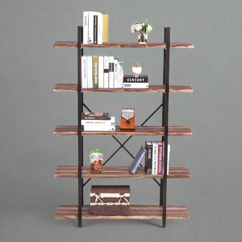 "5-tier rustic industrial bookshelf with wood shelves and black metal frame – Model RBSRW"