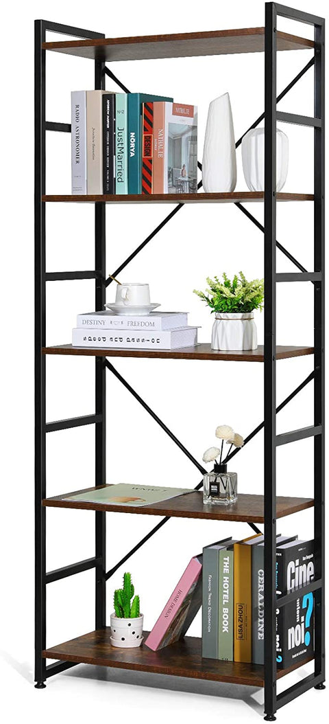 New 5 - Tier Industrial Bookshelf – Rustic Wood & Metal Frame Tall Storage Bookcase – Model TLSF05 - with | Sold by Uncle Wiener's Wholesale
