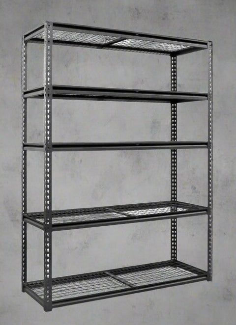 Heavy-duty 5-tier steel wire rack assembled
Shelves in use: Wire shelving with bins and garage tools
Shelving frame close-up: Strong steel vertical post and brackets
Angled view: Full rack with adjustable shelves
Side view: Wire shelves with protective plastic feet