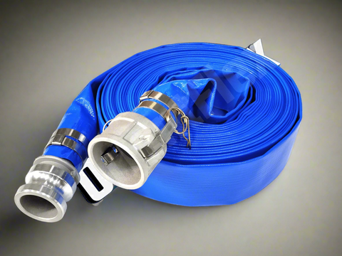 Coiled 50 FT PVC Layflat Discharge Hose with Metal Fittings – Blue
Close-Up of PVC Hose Fittings and Coupler
50 FT Reinforced Irrigation Hose with Clamp Fittings – 2 Inch
Heavy-Duty PVC Layflat Hose for Water Pumping and Transfer
Multiple Sizes of Blue PVC Water Discharge Hose with Connectors