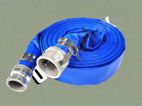 Coiled 50 FT PVC Layflat Discharge Hose with Metal Fittings – Blue
Close-Up of PVC Hose Fittings and Coupler
50 FT Reinforced Irrigation Hose with Clamp Fittings – 2 Inch
Heavy-Duty PVC Layflat Hose for Water Pumping and Transfer
Multiple Sizes of Blue PVC Water Discharge Hose with Connectors