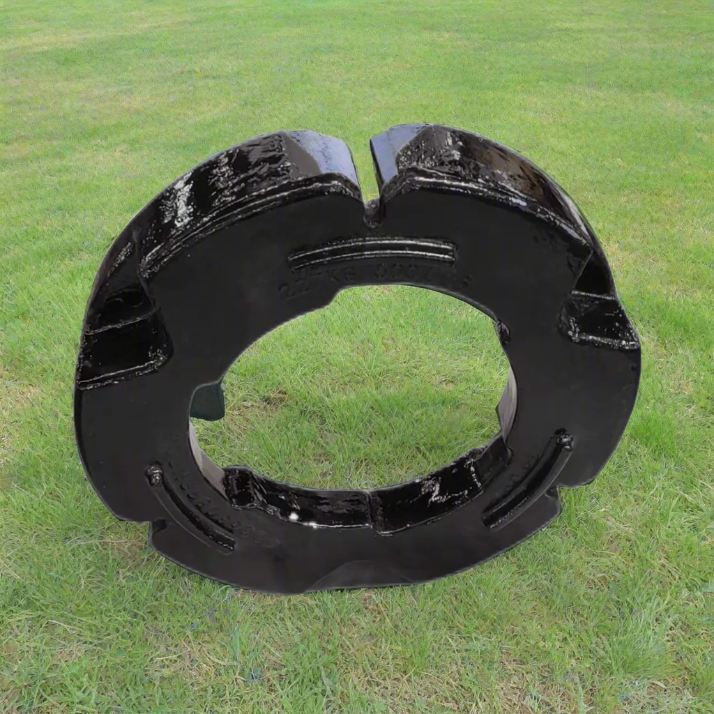 500 lb stacking wheel weight for Case IH and New Holland tractors
Side view of a cast iron tractor wheel weight
Rear view of mounting bolt pattern
Stacked OEM-style tractor weights
Painted and raw versions of the wheel weight