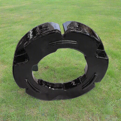 500 lb stacking wheel weight for Case IH and New Holland tractors
Side view of a cast iron tractor wheel weight
Rear view of mounting bolt pattern
Stacked OEM-style tractor weights
Painted and raw versions of the wheel weight