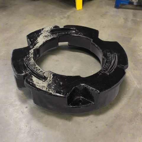 500 lb stacking wheel weight for Case IH and New Holland tractors
Side view of a cast iron tractor wheel weight
Rear view of mounting bolt pattern
Stacked OEM-style tractor weights
Painted and raw versions of the wheel weight
