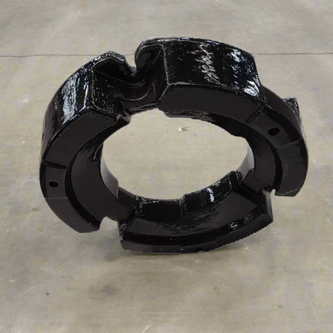 500 lb stacking wheel weight for Case IH and New Holland tractors
Side view of a cast iron tractor wheel weight
Rear view of mounting bolt pattern
Stacked OEM-style tractor weights
Painted and raw versions of the wheel weight