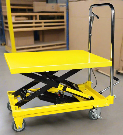 Yellow 500 lb hydraulic lift cart with platform
Side view of mobile work table with foot pedal
Hydraulic lift cart with locking swivel casters
Adjustable scissor lift cart for warehouse
Heavy-duty shop cart with hand lever control